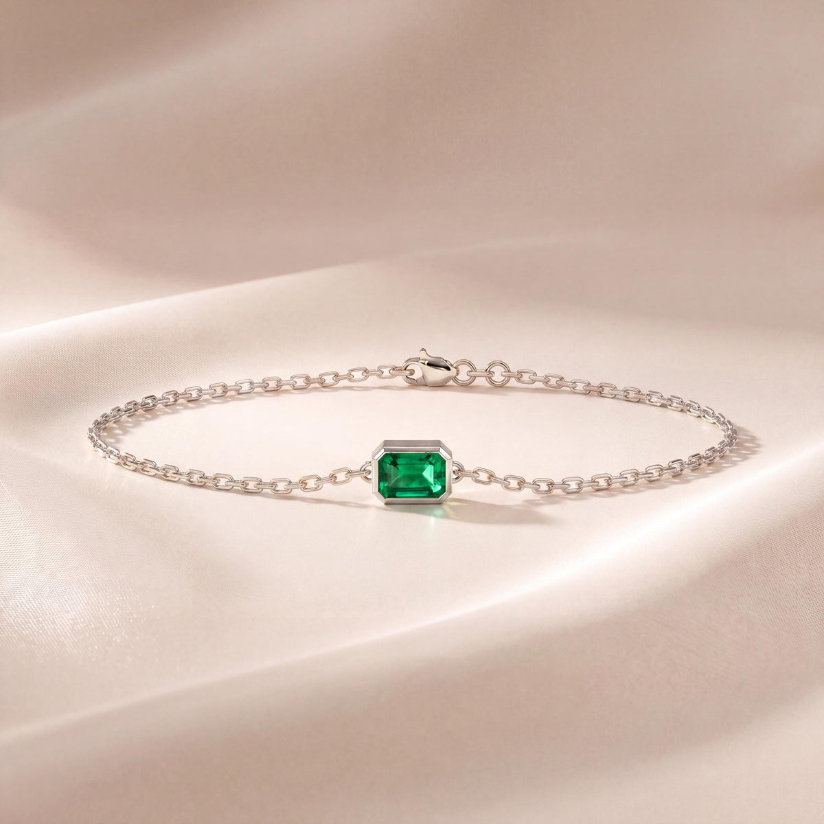 Emerald Cut Emerald Bezel Solitaire Chain Link Bracelet 14K Gold