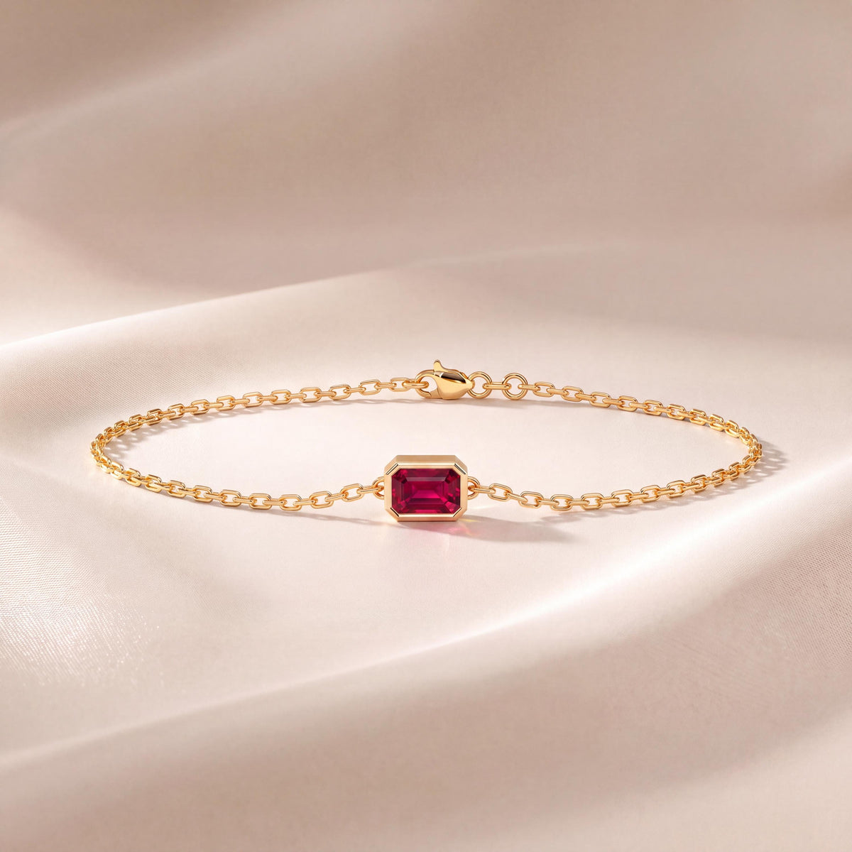 Emerald Cut Ruby Bezel Solitaire Chain Link Bracelet 14K Gold