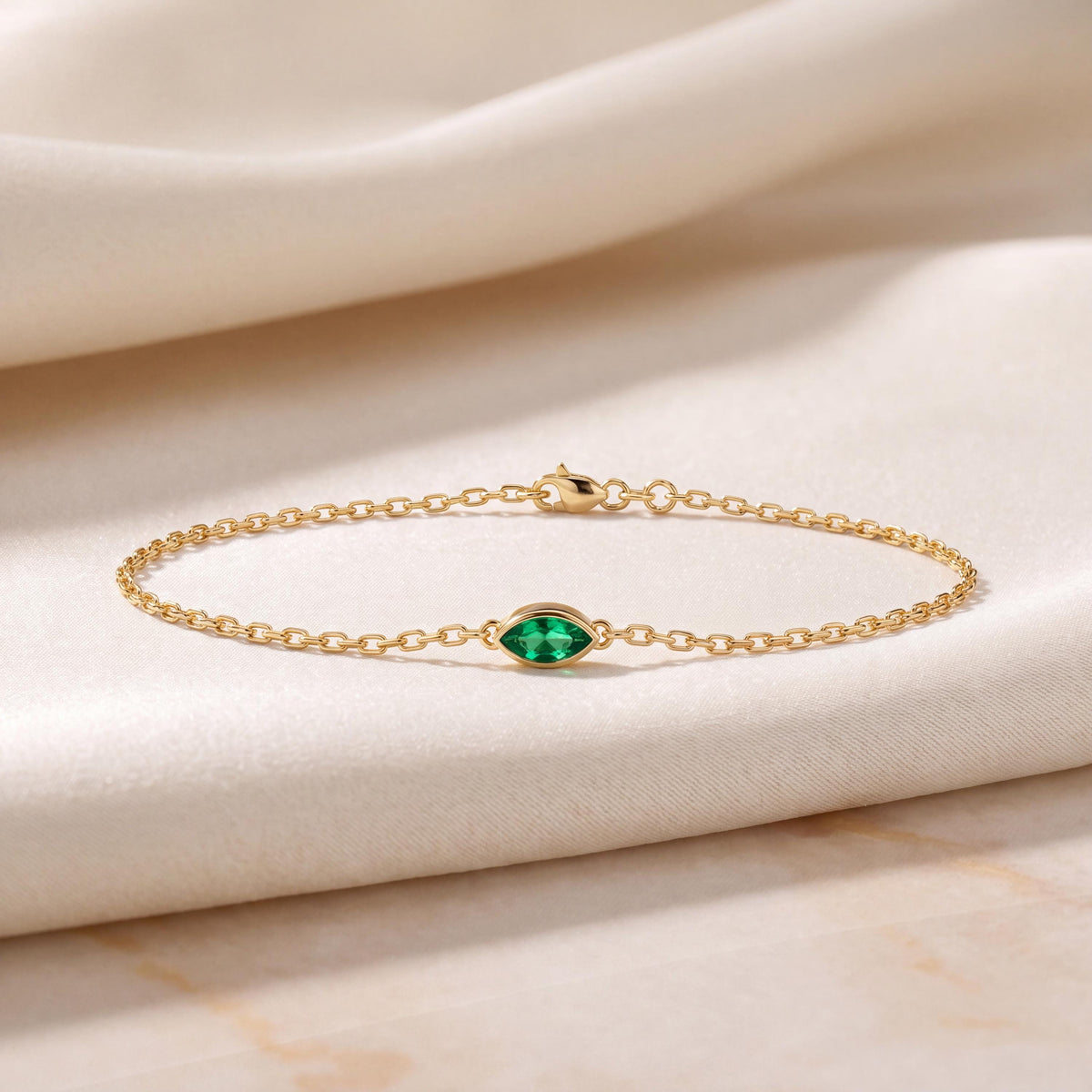 Marquise Shape Emerald Bezel Solitaire Chain Link Bracelet 14K Gold