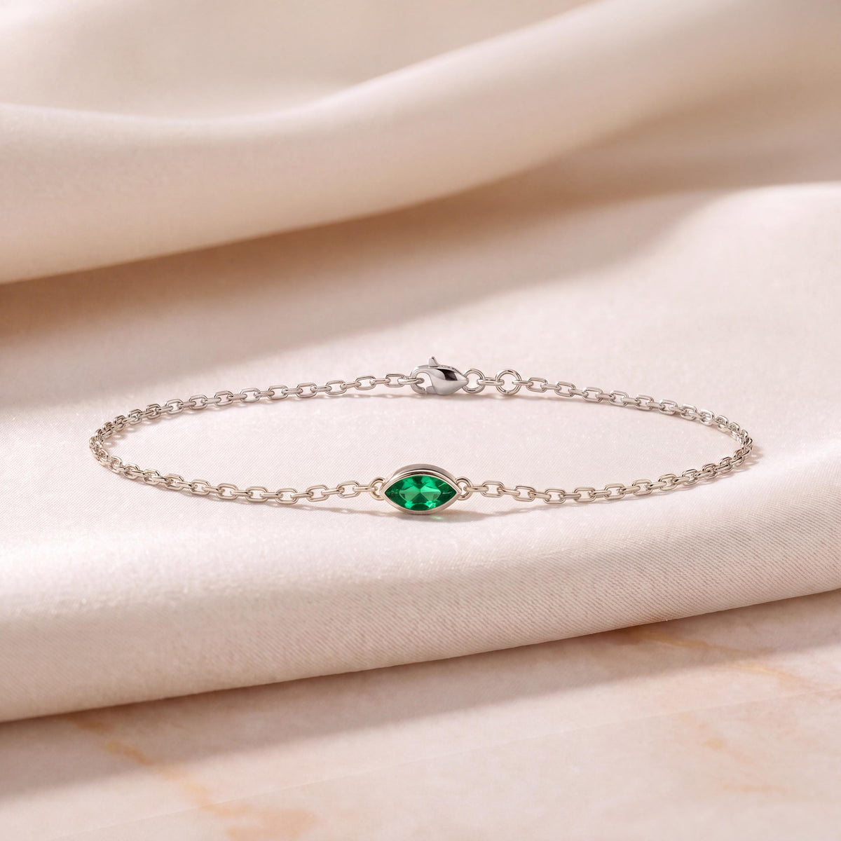 Marquise Shape Emerald Bezel Solitaire Chain Link Bracelet 14K Gold