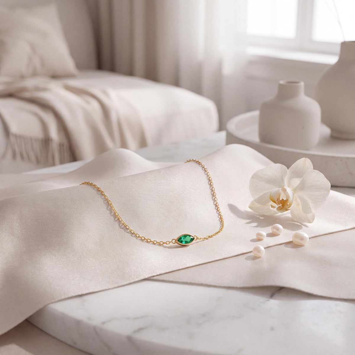 Marquise Shape Emerald Bezel Solitaire Chain Link Bracelet 14K Gold