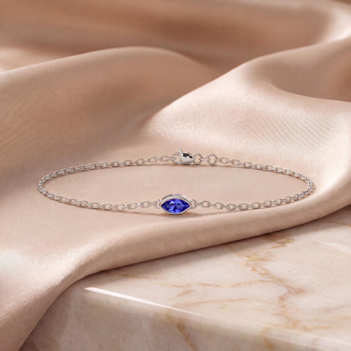 Marquise Shape Sapphire Bezel Solitaire Chain Link Bracelet 14K Gold