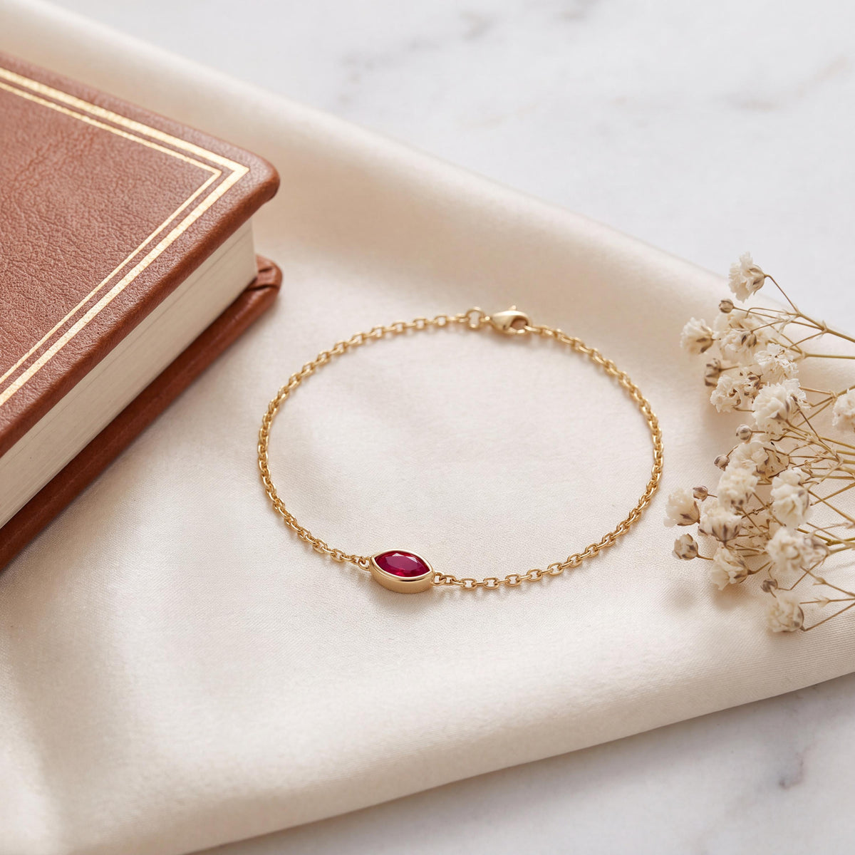 Marquise Shape Ruby Bezel Solitaire Chain Link Bracelet 14K Gold