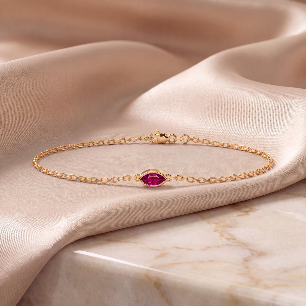Marquise Shape Ruby Bezel Solitaire Chain Link Bracelet 14K Gold