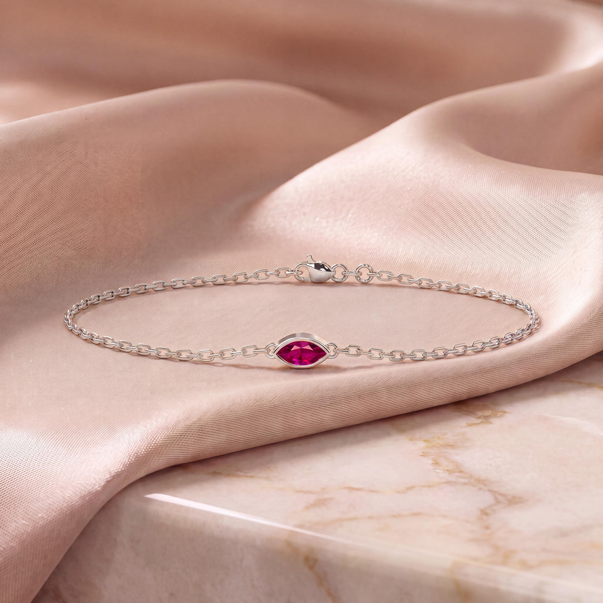 Marquise Shape Ruby Bezel Solitaire Chain Link Bracelet 14K Gold