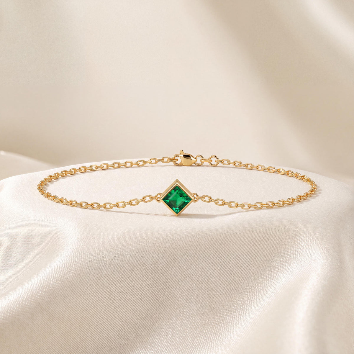 Princess Cut Emerald Bezel Solitaire Chain Link Bracelet 14K Gold
