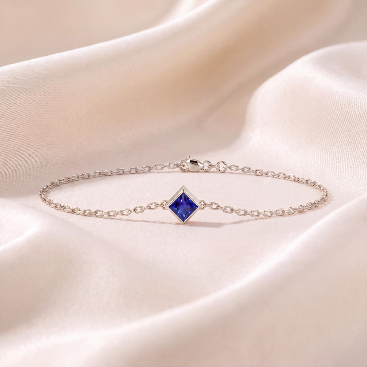 Princess Cut Sapphire Bezel Solitaire Chain Link Bracelet 14K Gold