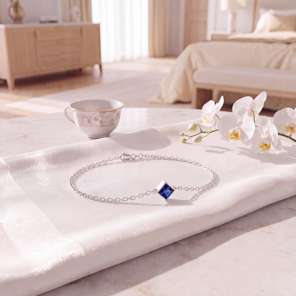 Princess Cut Sapphire Bezel Solitaire Chain Link Bracelet 14K Gold