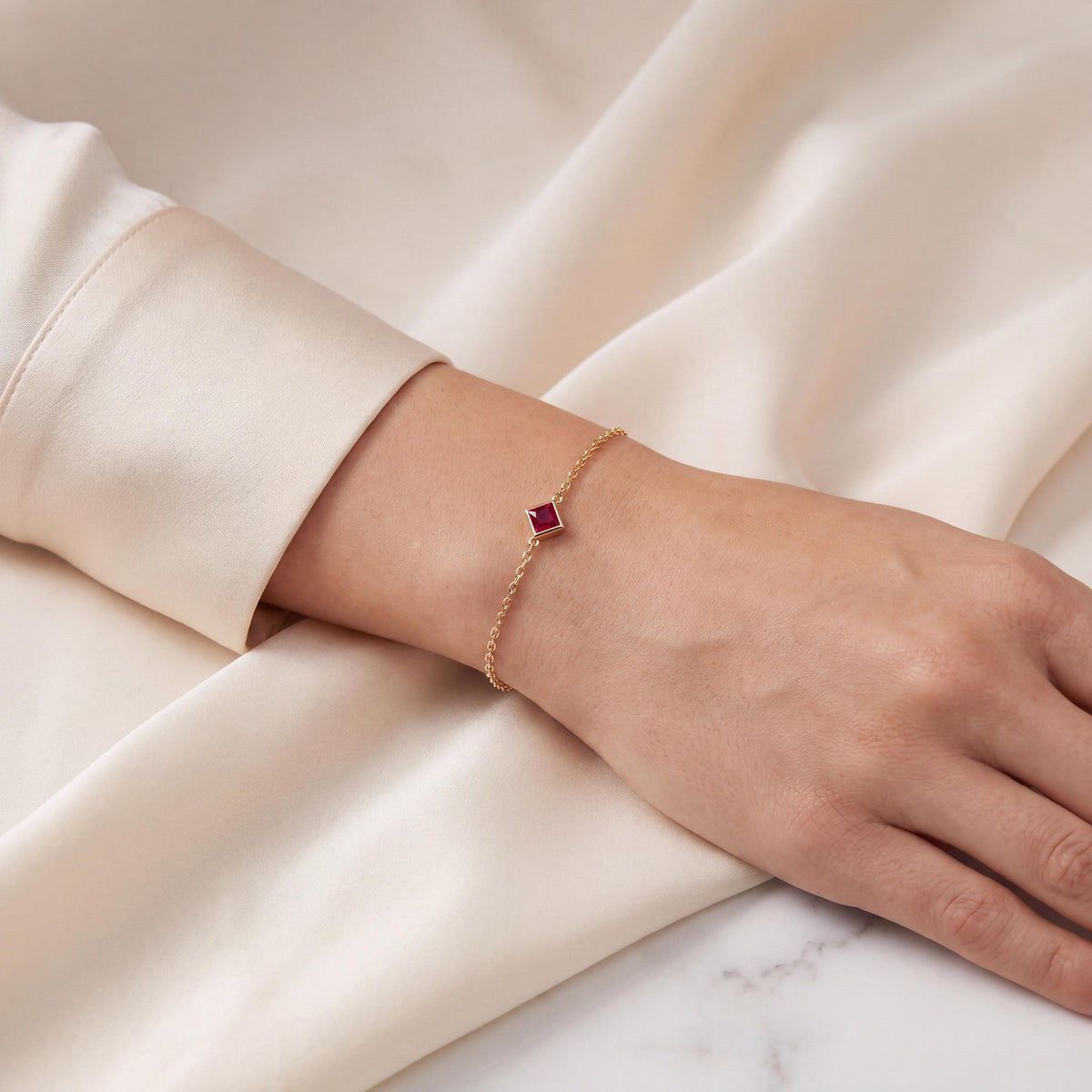 Princess Cut Ruby Bezel Solitaire Chain Link Bracelet 14K Gold
