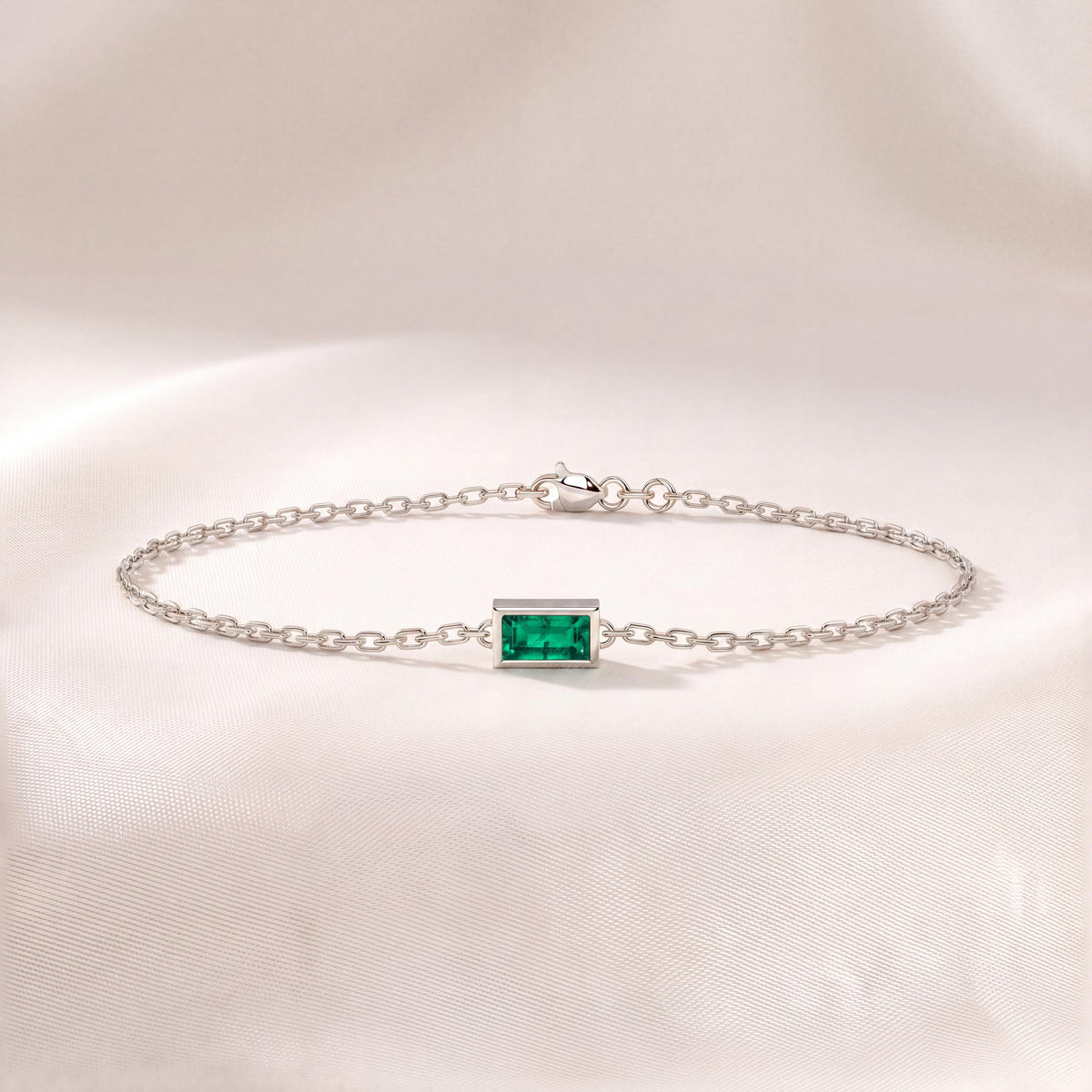 Baguette Cut Emerald Bezel Solitaire Chain Link Bracelet 14K Gold