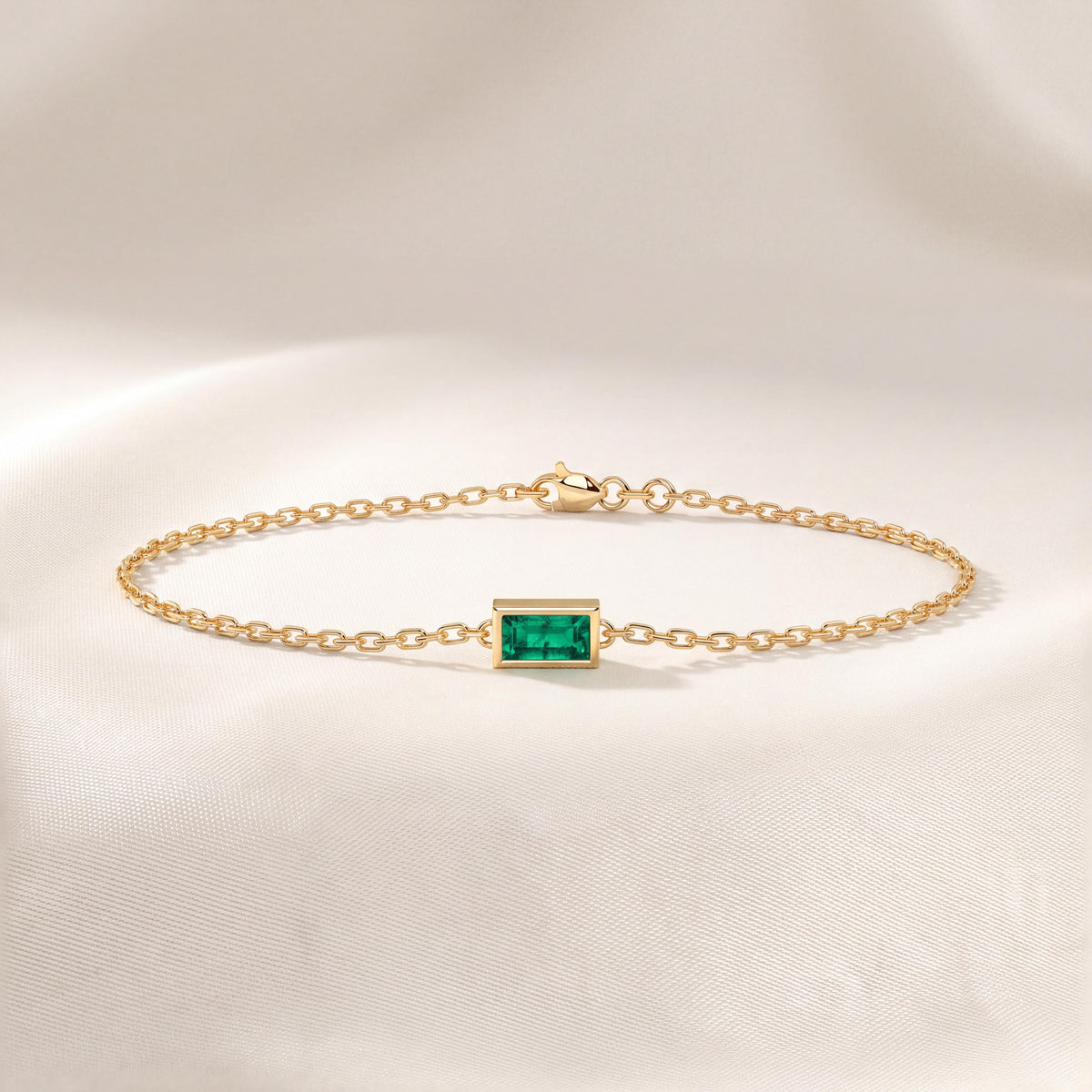 Baguette Cut Emerald Bezel Solitaire Chain Link Bracelet 14K Gold