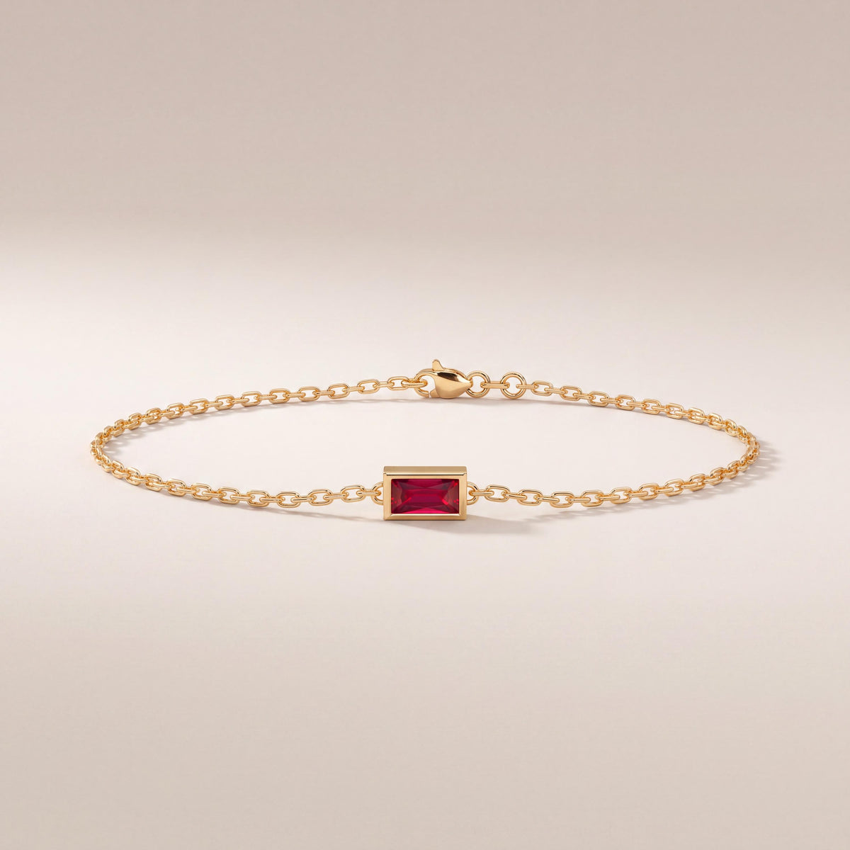 Baguette Cut Ruby Bezel Solitaire Chain Link Bracelet 14K Gold