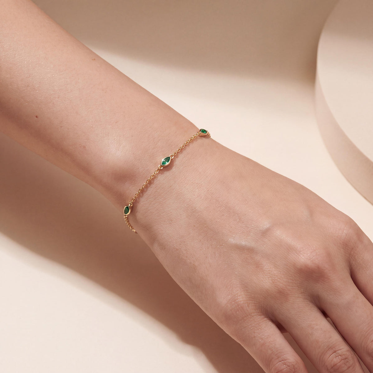 Marquise Emerald By The Yard Bezel Set 14K Solid Gold Chain Link Bracelet