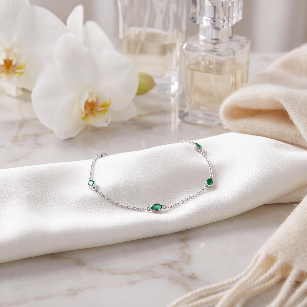 Marquise Emerald By The Yard Bezel Set 14K Solid Gold Chain Link Bracelet