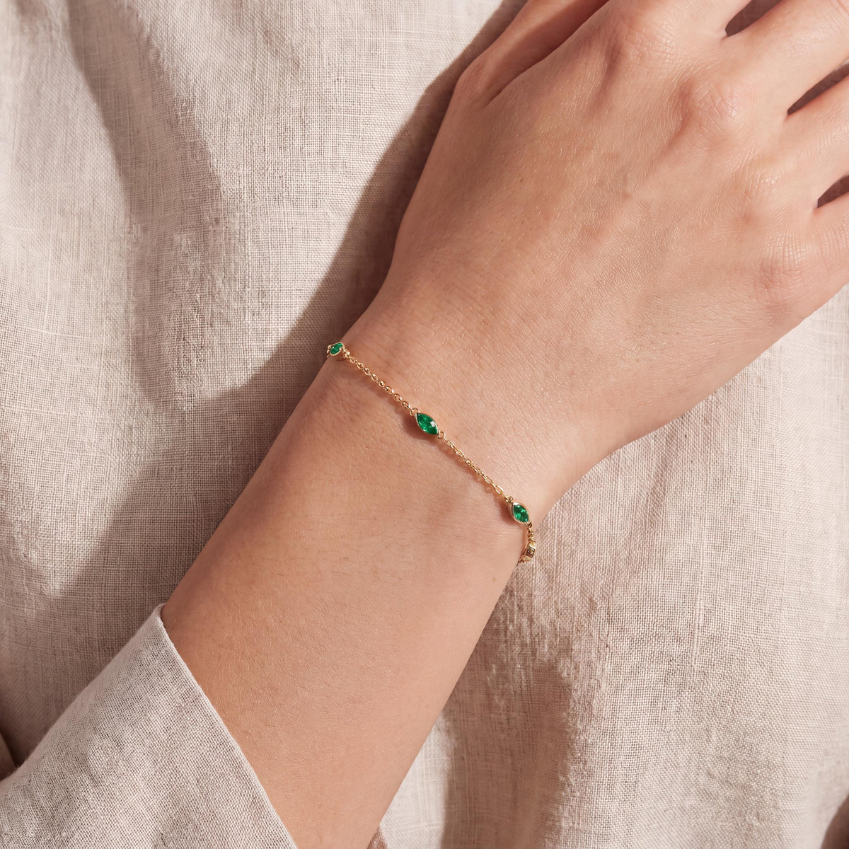 Marquise Emerald By The Yard Bezel Set 14K Solid Gold Chain Link Bracelet