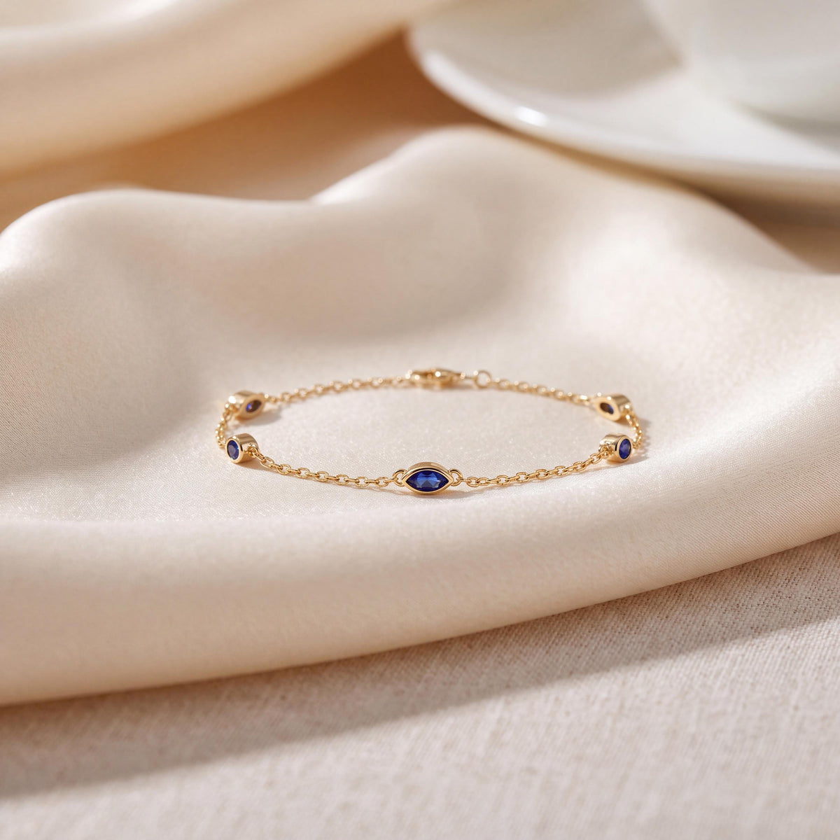 Marquise Sapphire By The Yard Bezel Set 14K Solid Gold Chain Link Bracelet