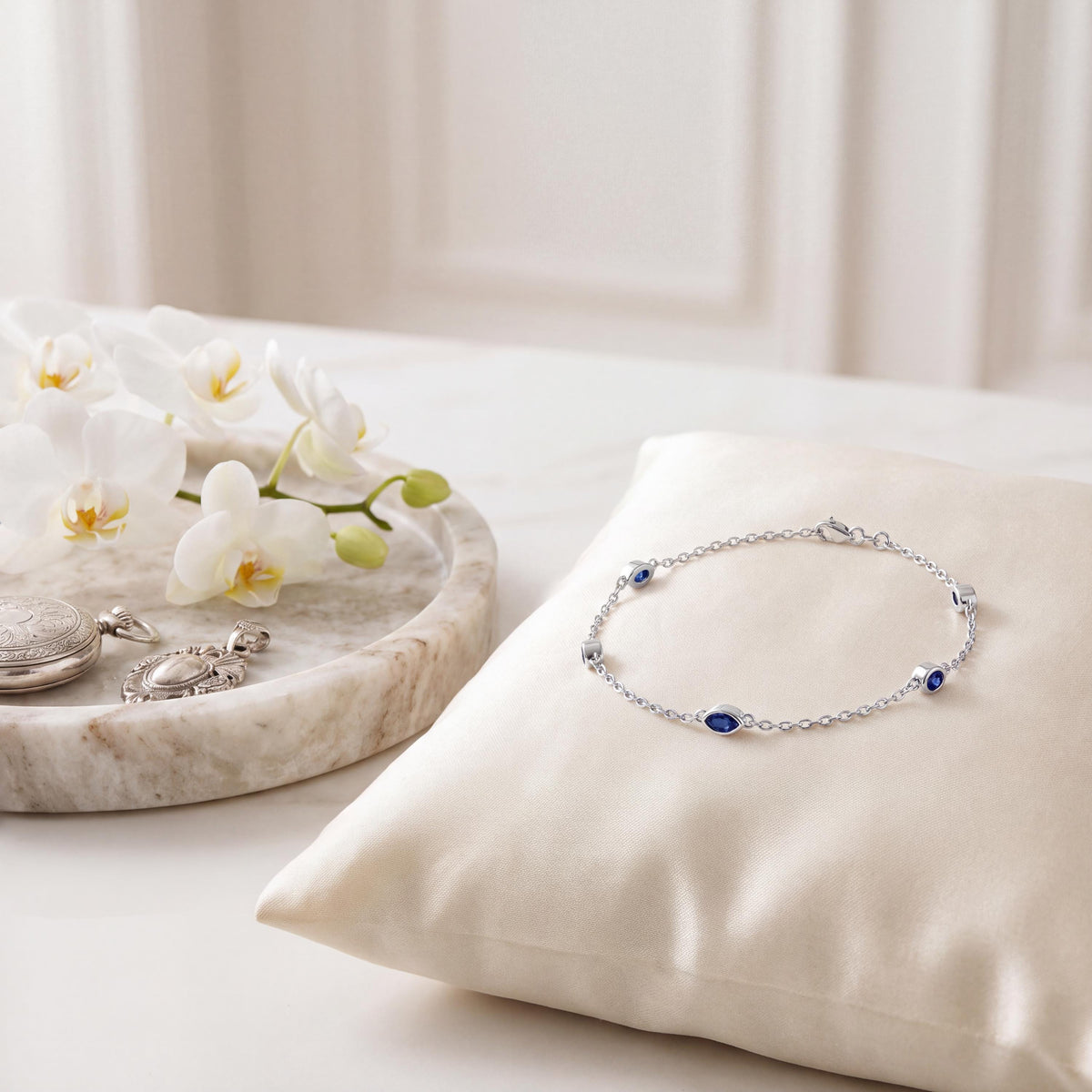 Marquise Sapphire By The Yard Bezel Set 14K Solid Gold Chain Link Bracelet