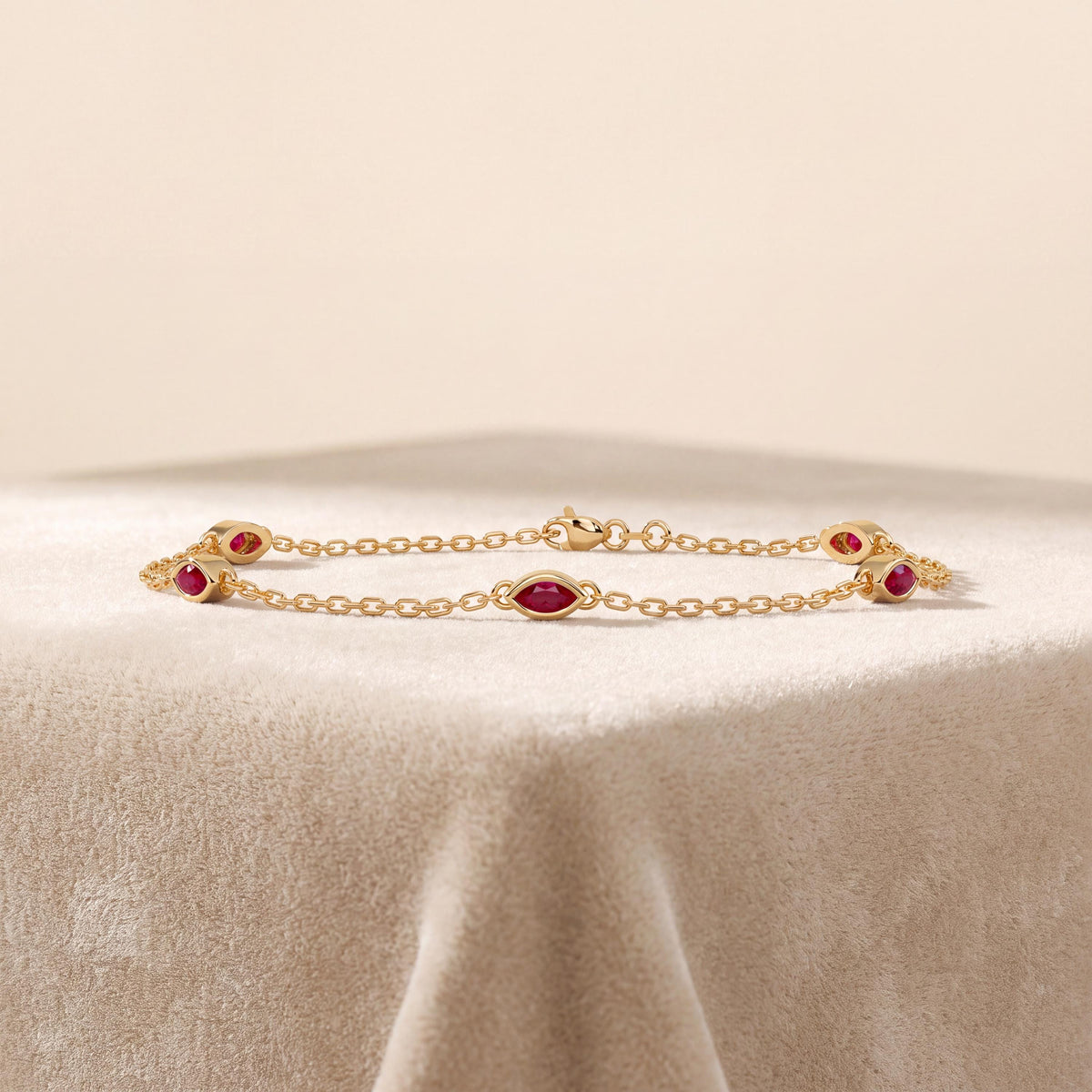 Marquise Ruby By The Yard Bezel Set 14K Solid Gold Chain Link Bracelet
