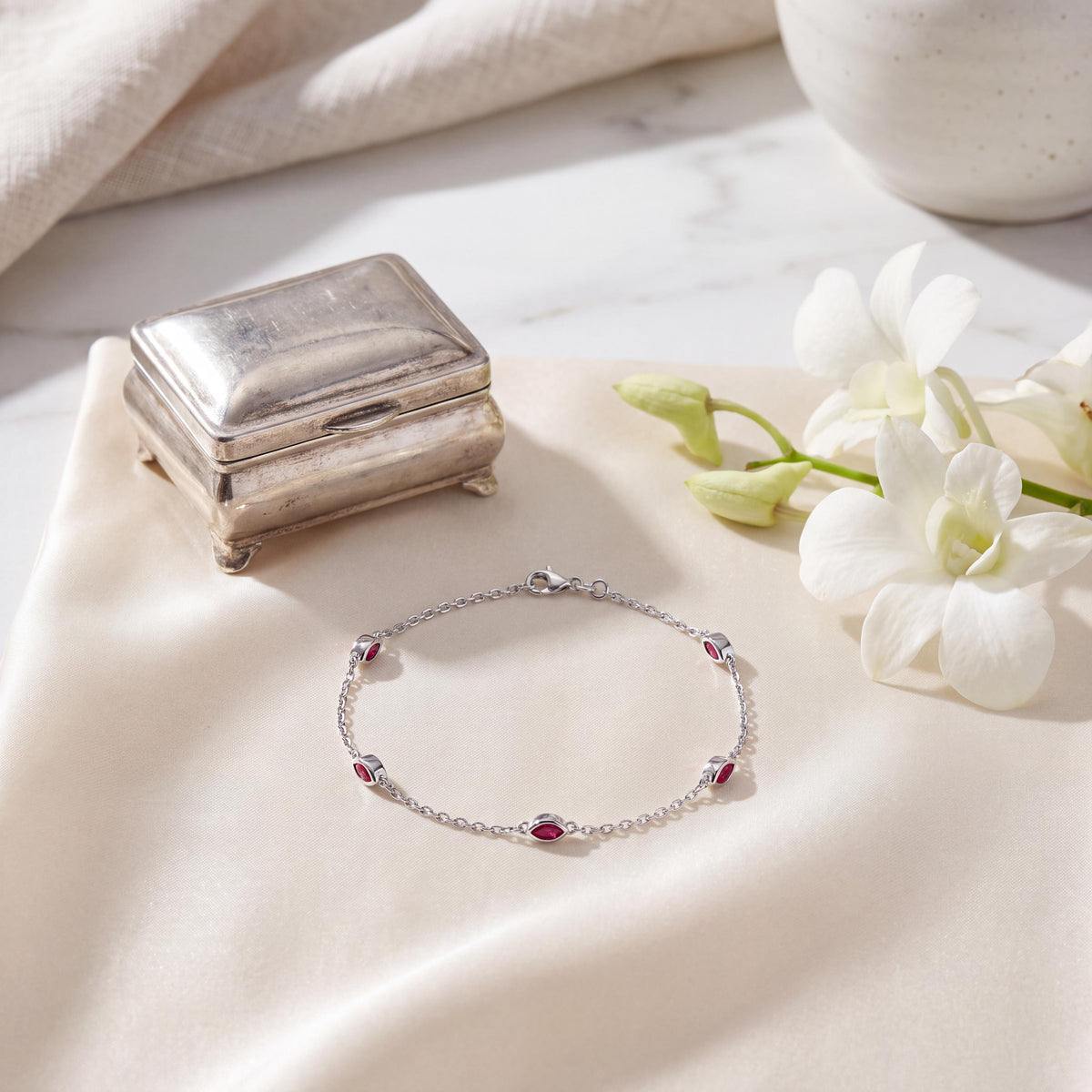 Marquise Ruby By The Yard Bezel Set 14K Solid Gold Chain Link Bracelet