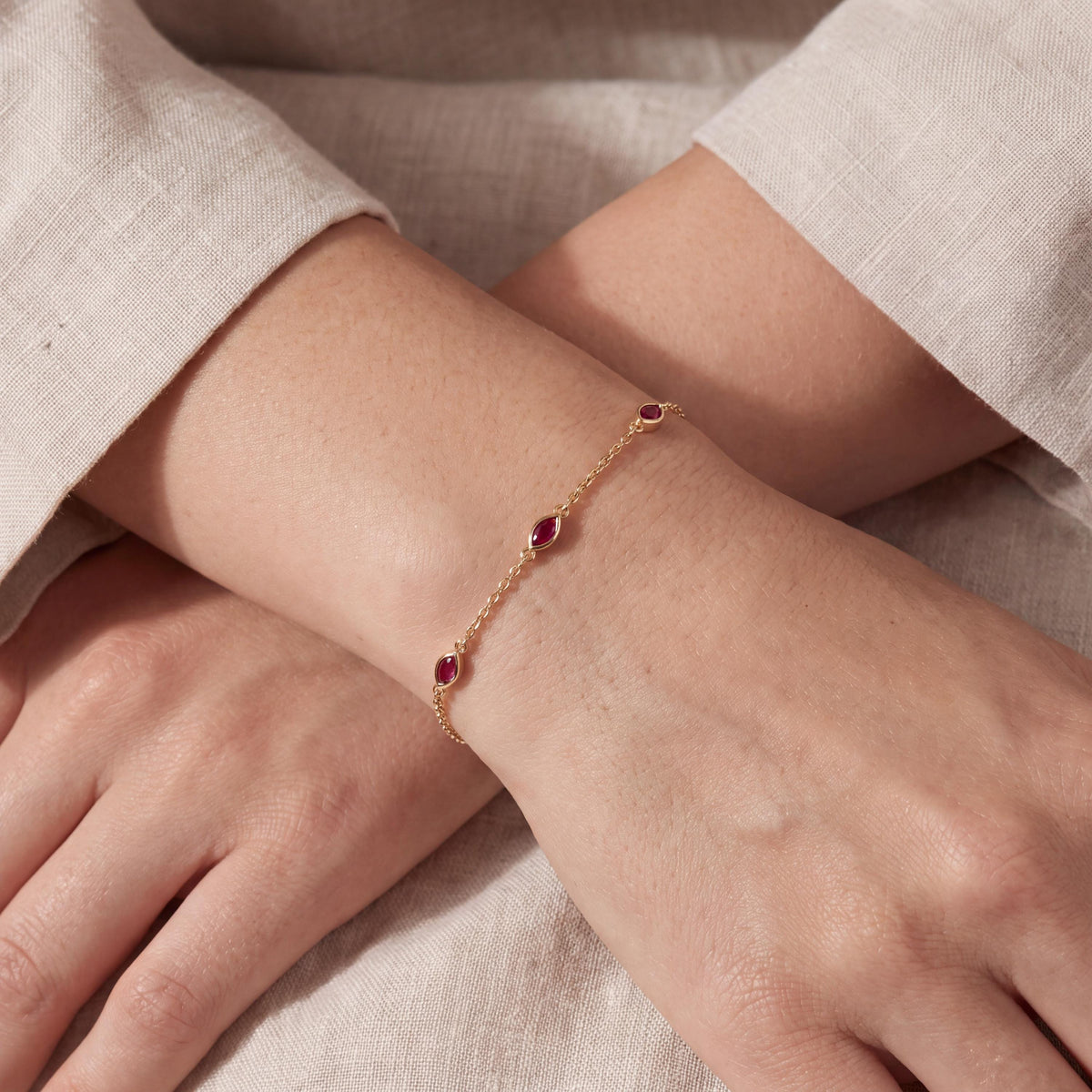 Marquise Ruby By The Yard Bezel Set 14K Solid Gold Chain Link Bracelet