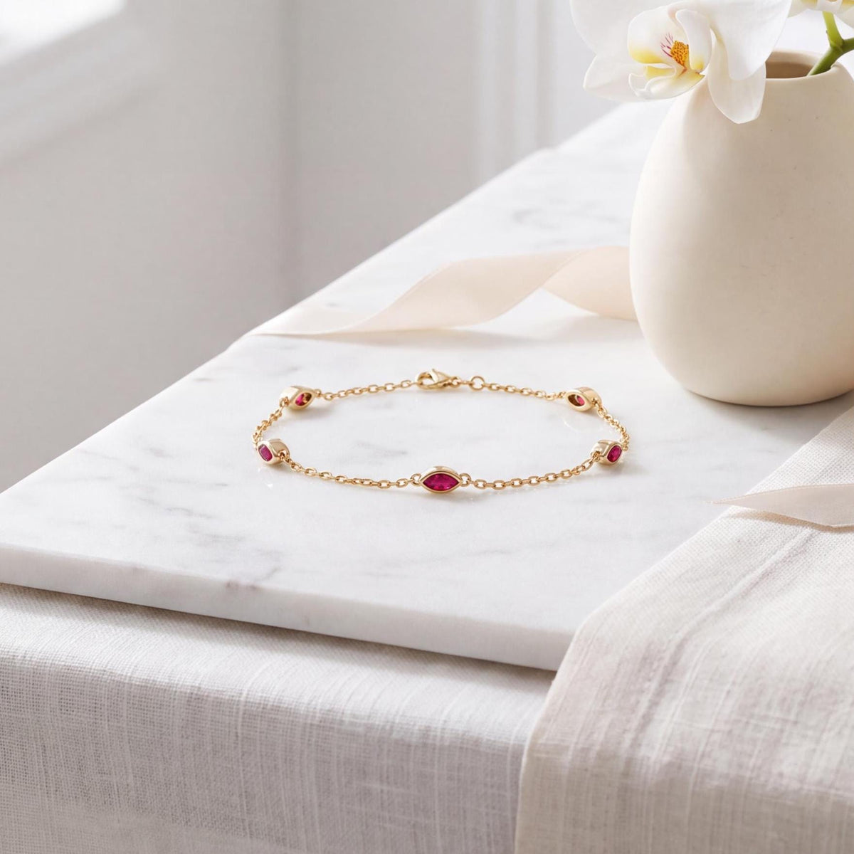 Marquise Ruby By The Yard Bezel Set 14K Solid Gold Chain Link Bracelet