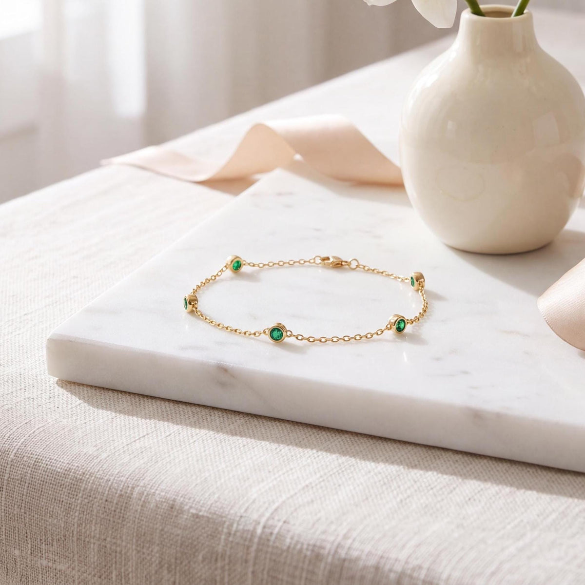 Round Emerald By The Yard Bezel Set 14K Solid Gold Chain Link Bracelet