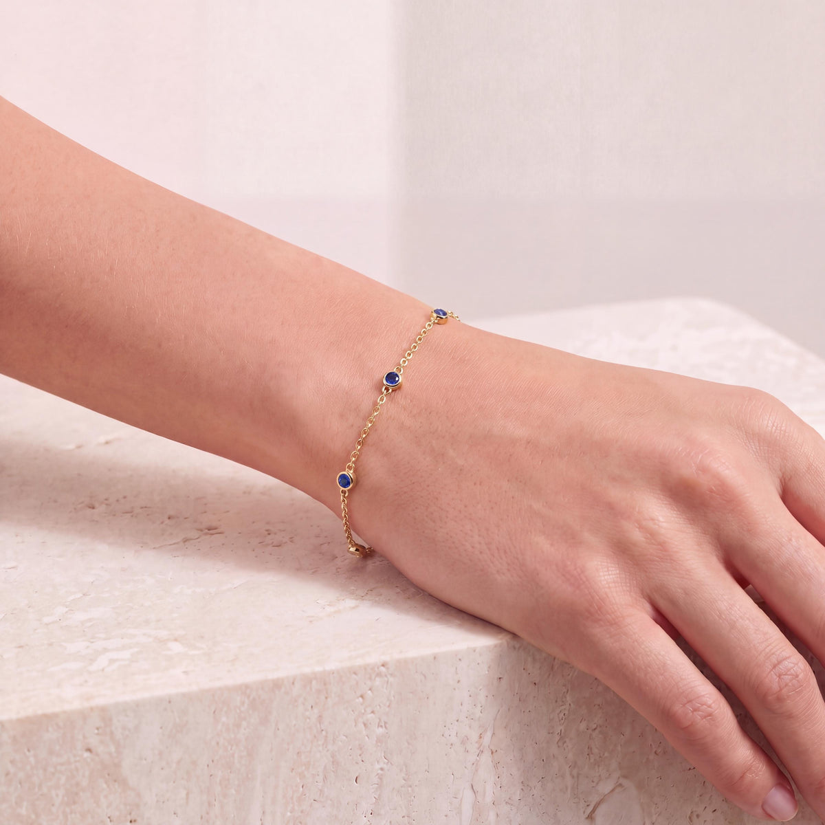 Round Sapphire By The Yard Bezel Set 14K Solid Gold Chain Link Bracelet