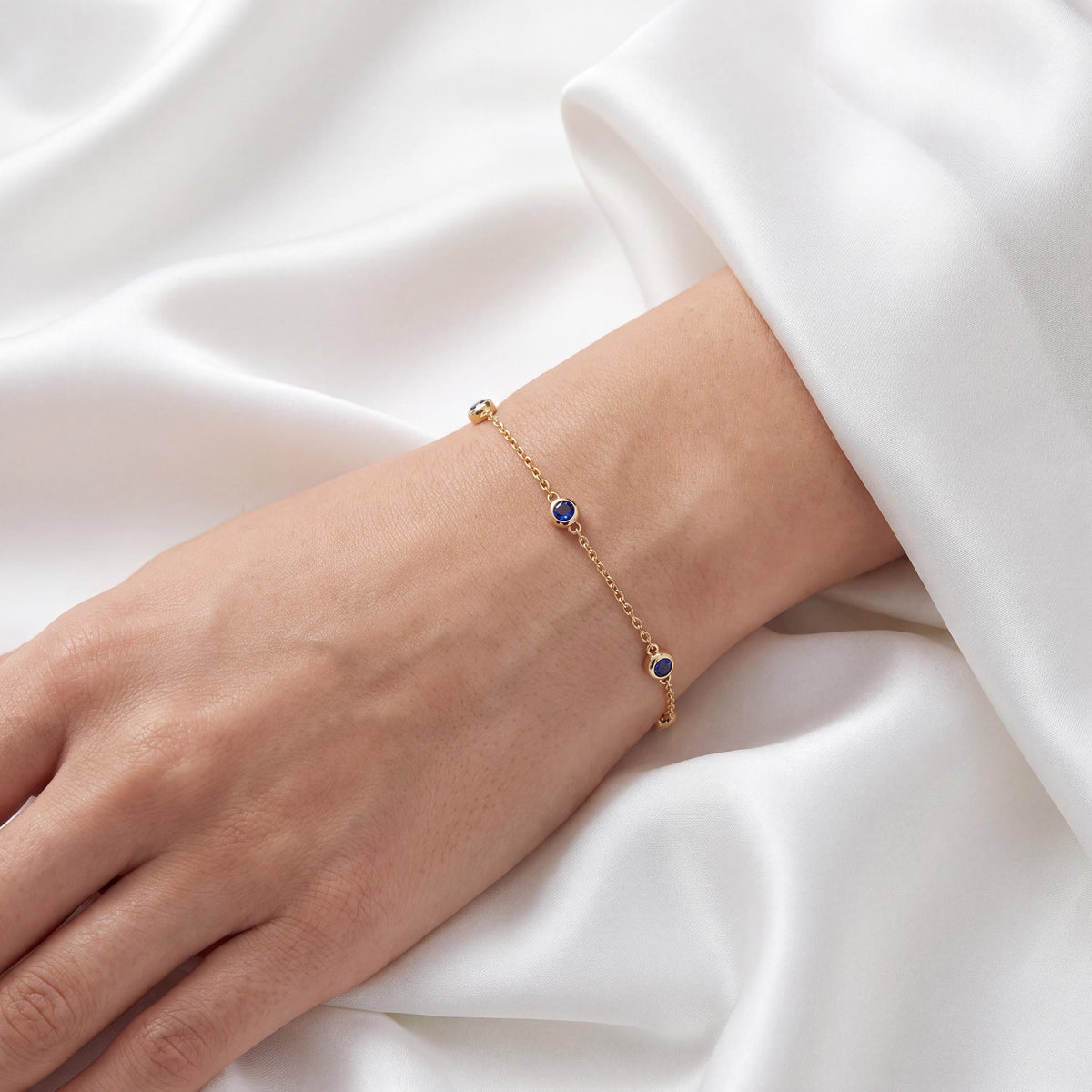 Round Sapphire By The Yard Bezel Set 14K Solid Gold Chain Link Bracelet