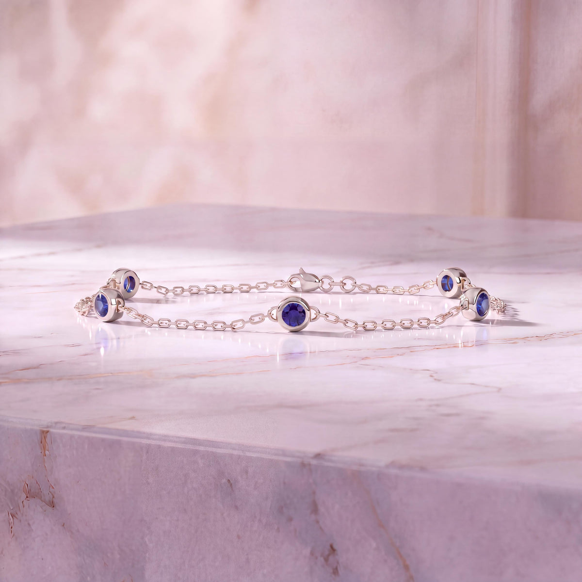 Round Sapphire By The Yard Bezel Set 14K Solid Gold Chain Link Bracelet