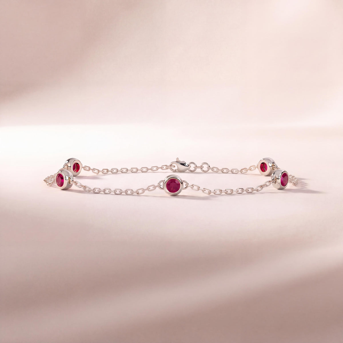 Round Ruby By The Yard Bezel Set 14K Solid Gold Chain Link Bracelet