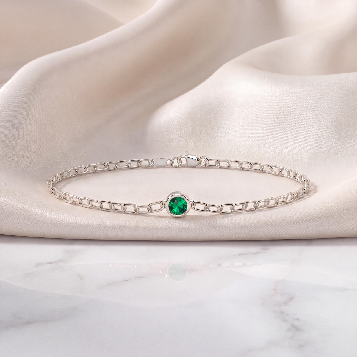 Round Brilliant Cut Solitaire Bezel Set Emerald 14K Solid Gold Paperclip Link Bracelet