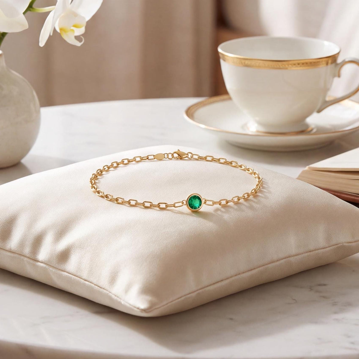 Round Brilliant Cut Solitaire Bezel Set Emerald 14K Solid Gold Paperclip Link Bracelet