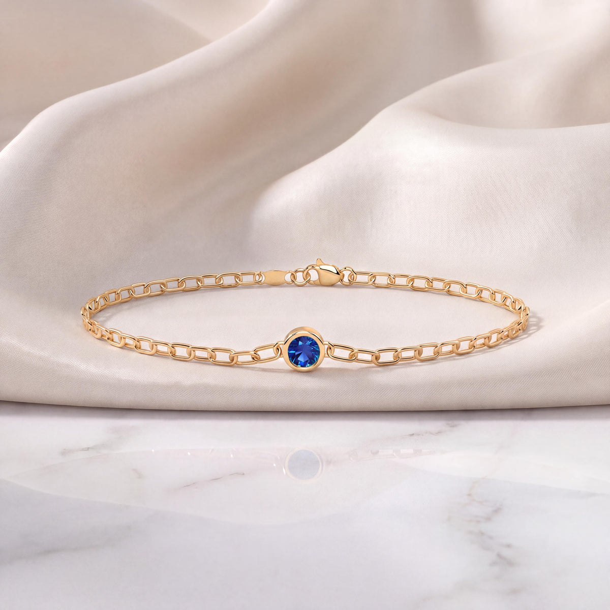 Round Brilliant Cut Solitaire Bezel Set Sapphire 14K Solid Gold Paperclip Link Bracelet