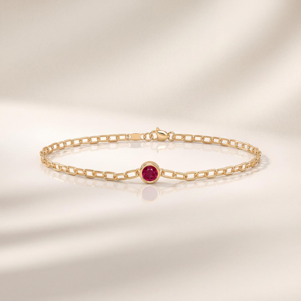 Round Brilliant Cut Solitaire Bezel Set Ruby 14K Solid Gold Paperclip Link Bracelet