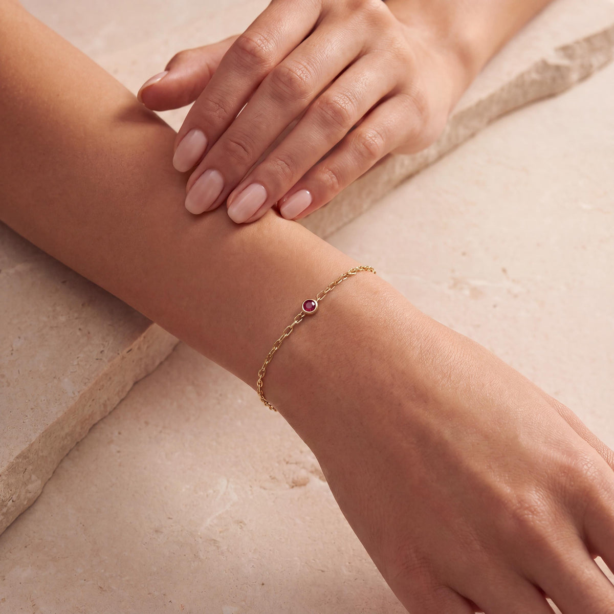 Round Brilliant Cut Solitaire Bezel Set Ruby 14K Solid Gold Paperclip Link Bracelet