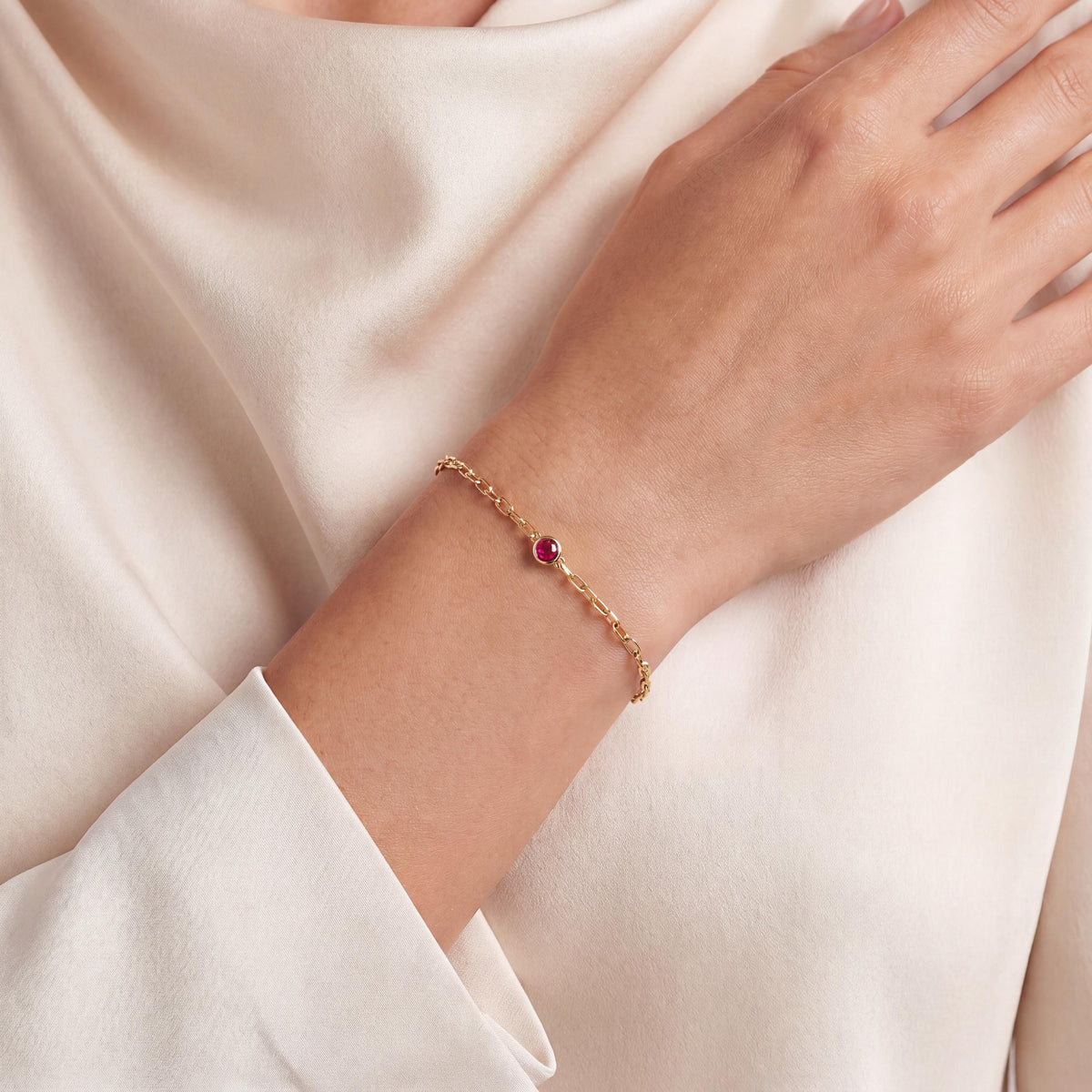 Round Brilliant Cut Solitaire Bezel Set Ruby 14K Solid Gold Paperclip Link Bracelet