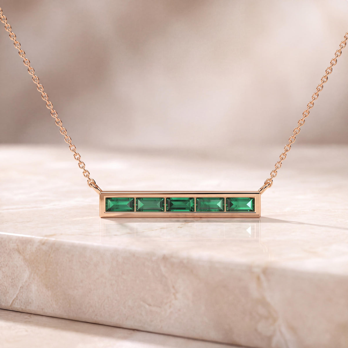 Baguette Emerald Dainty Bar Channel Set 14K Solid Gold Pendant Necklace