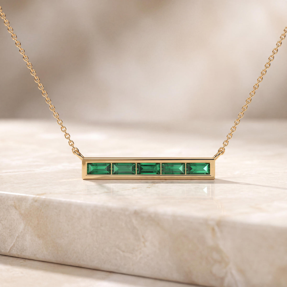 Baguette Emerald Dainty Bar Channel Set 14K Solid Gold Pendant Necklace