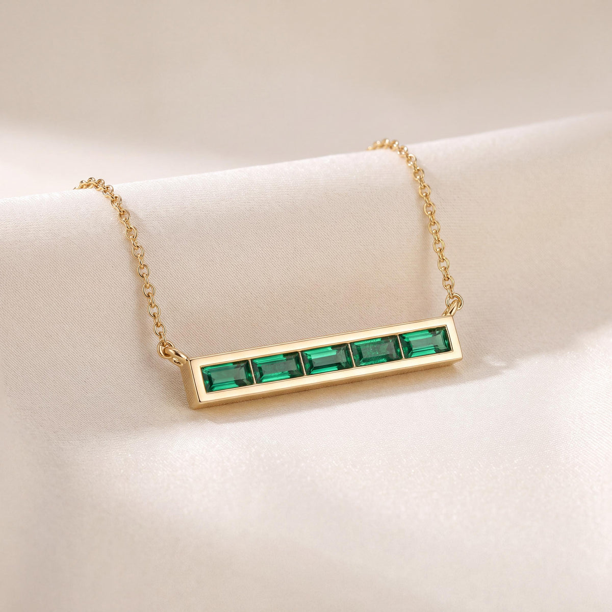 Baguette Emerald Dainty Bar Channel Set 14K Solid Gold Pendant Necklace