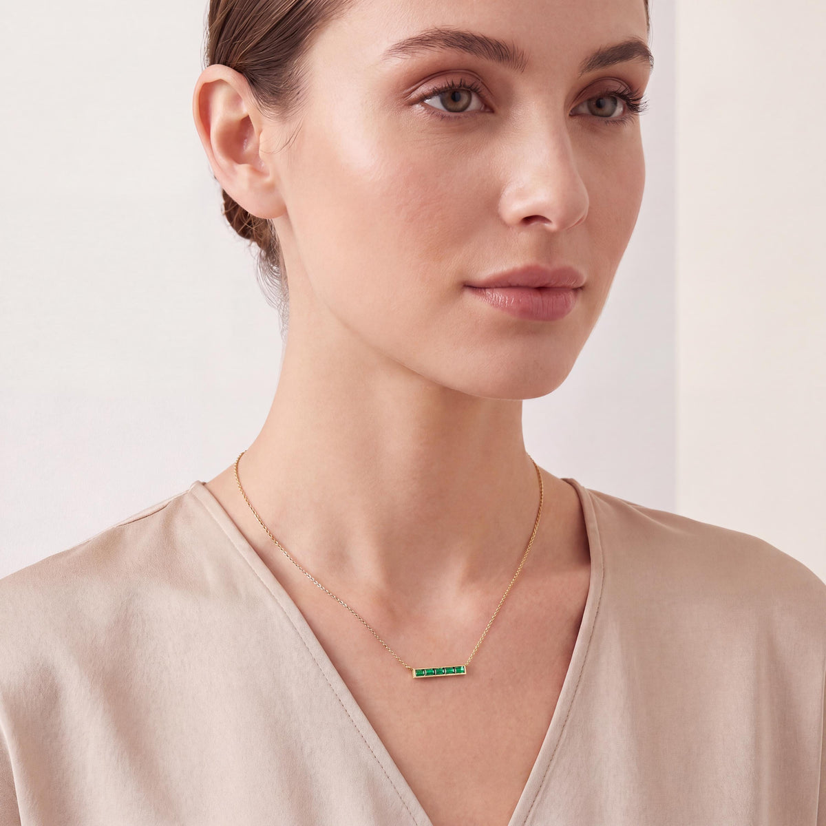 Baguette Emerald Dainty Bar Channel Set 14K Solid Gold Pendant Necklace