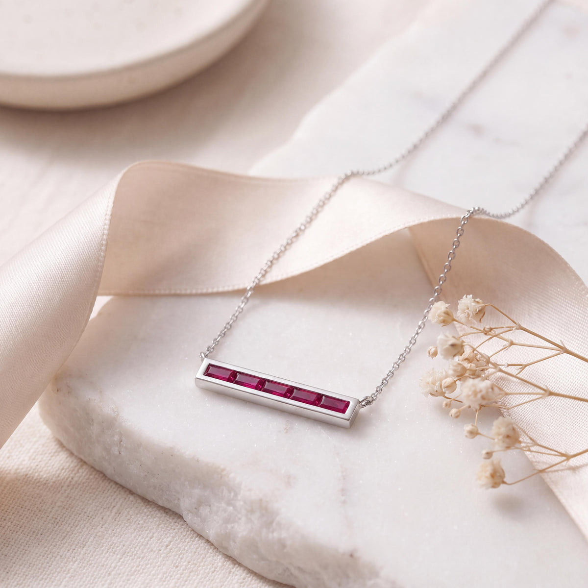 Baguette Ruby Dainty Bar Channel Set 14K Solid Gold Pendant Necklace