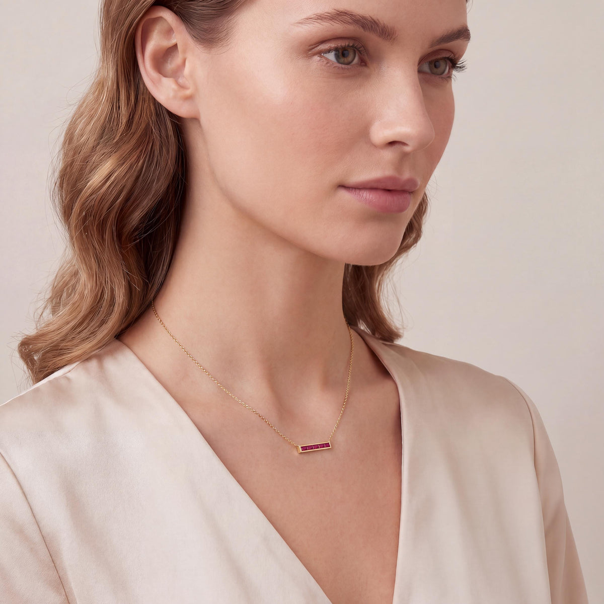 Baguette Ruby Dainty Bar Channel Set 14K Solid Gold Pendant Necklace