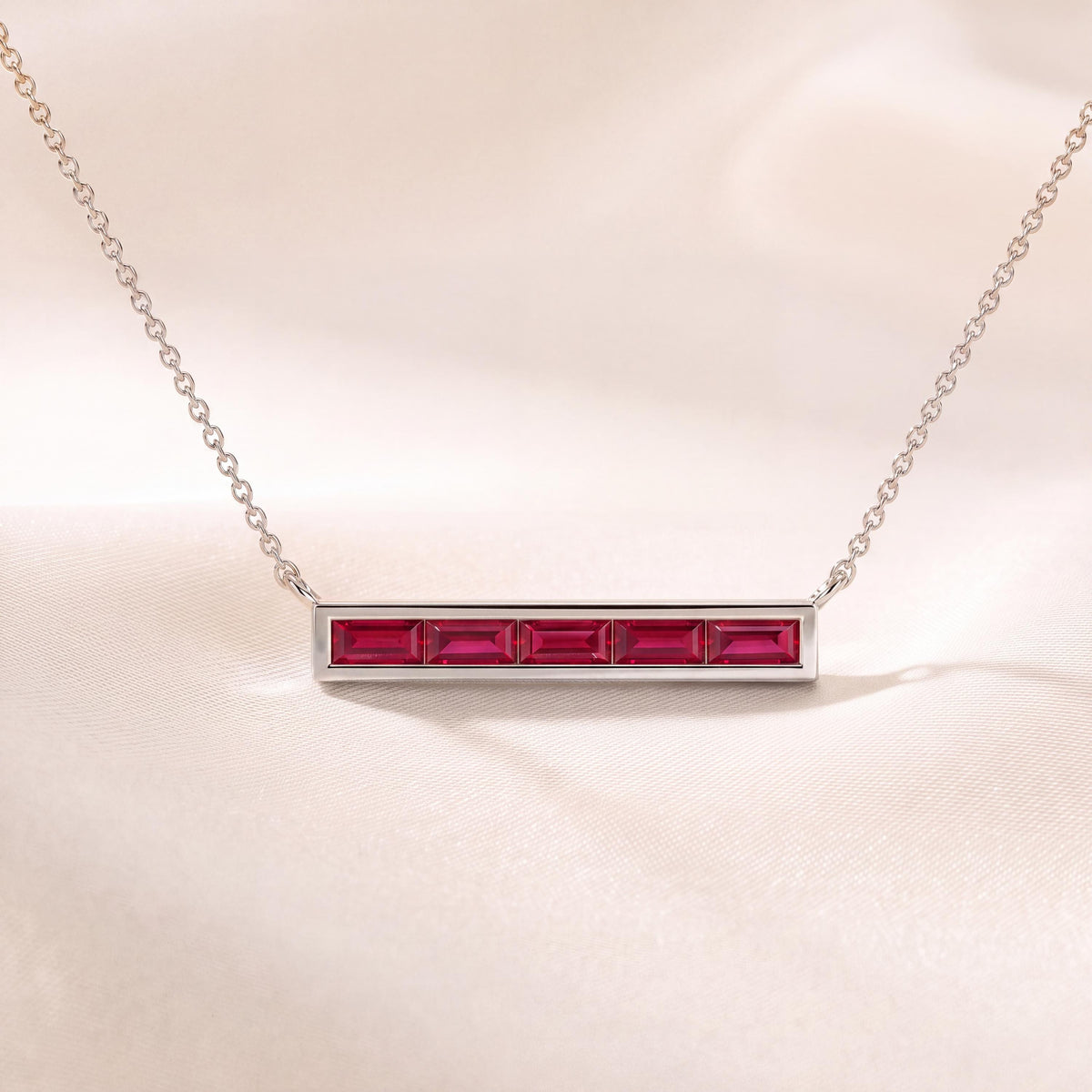 Baguette Ruby Dainty Bar Channel Set 14K Solid Gold Pendant Necklace