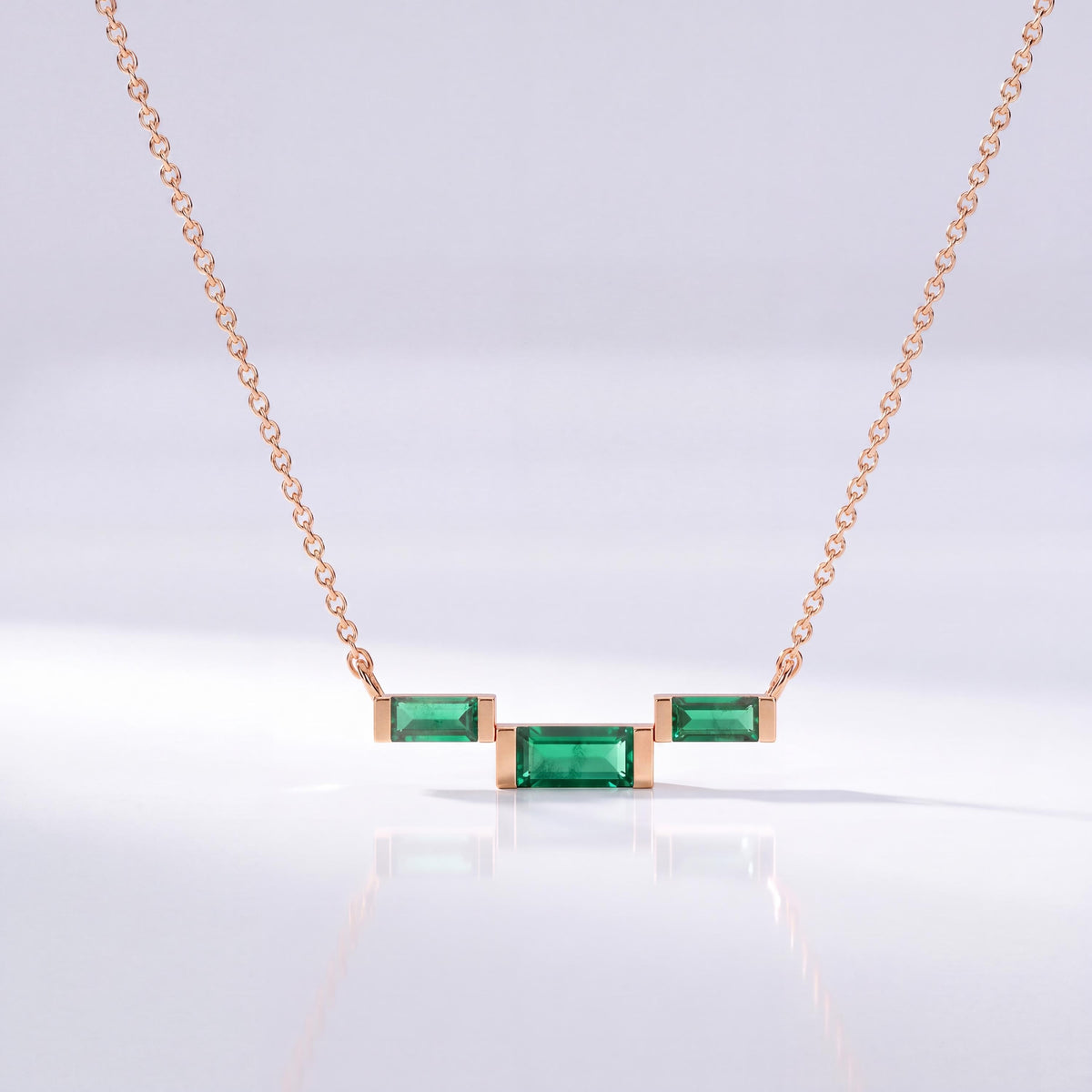 3 Stone Baguette Emerald Dainty Bar Set 14K Solid Gold Pendant Necklace