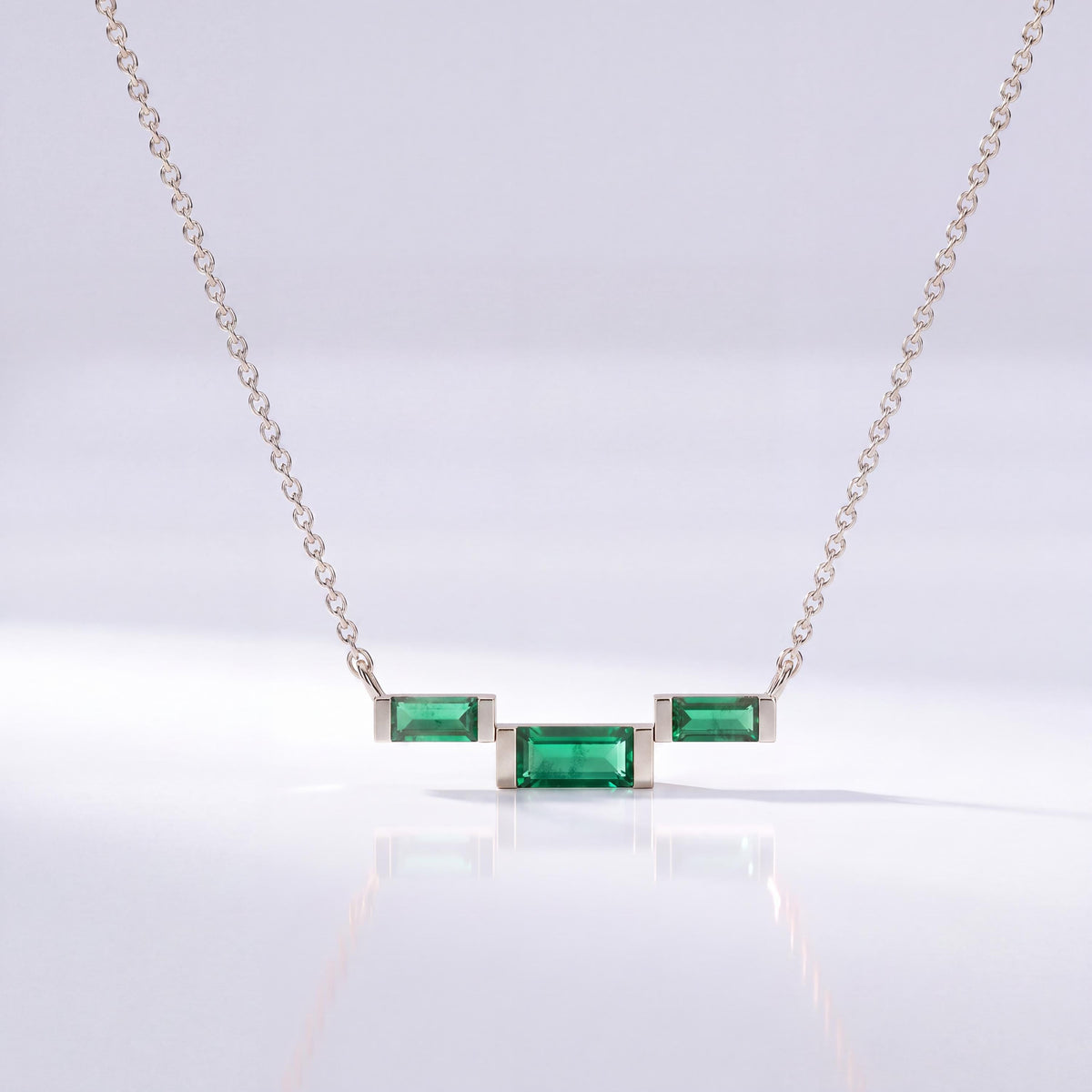 3 Stone Baguette Emerald Dainty Bar Set 14K Solid Gold Pendant Necklace
