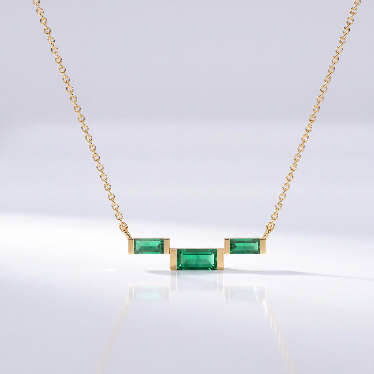 3 Stone Baguette Emerald Dainty Bar Set 14K Solid Gold Pendant Necklace