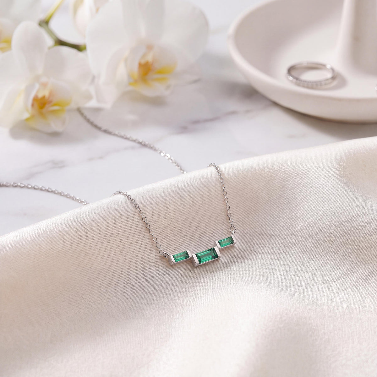 3 Stone Baguette Emerald Dainty Bar Set 14K Solid Gold Pendant Necklace