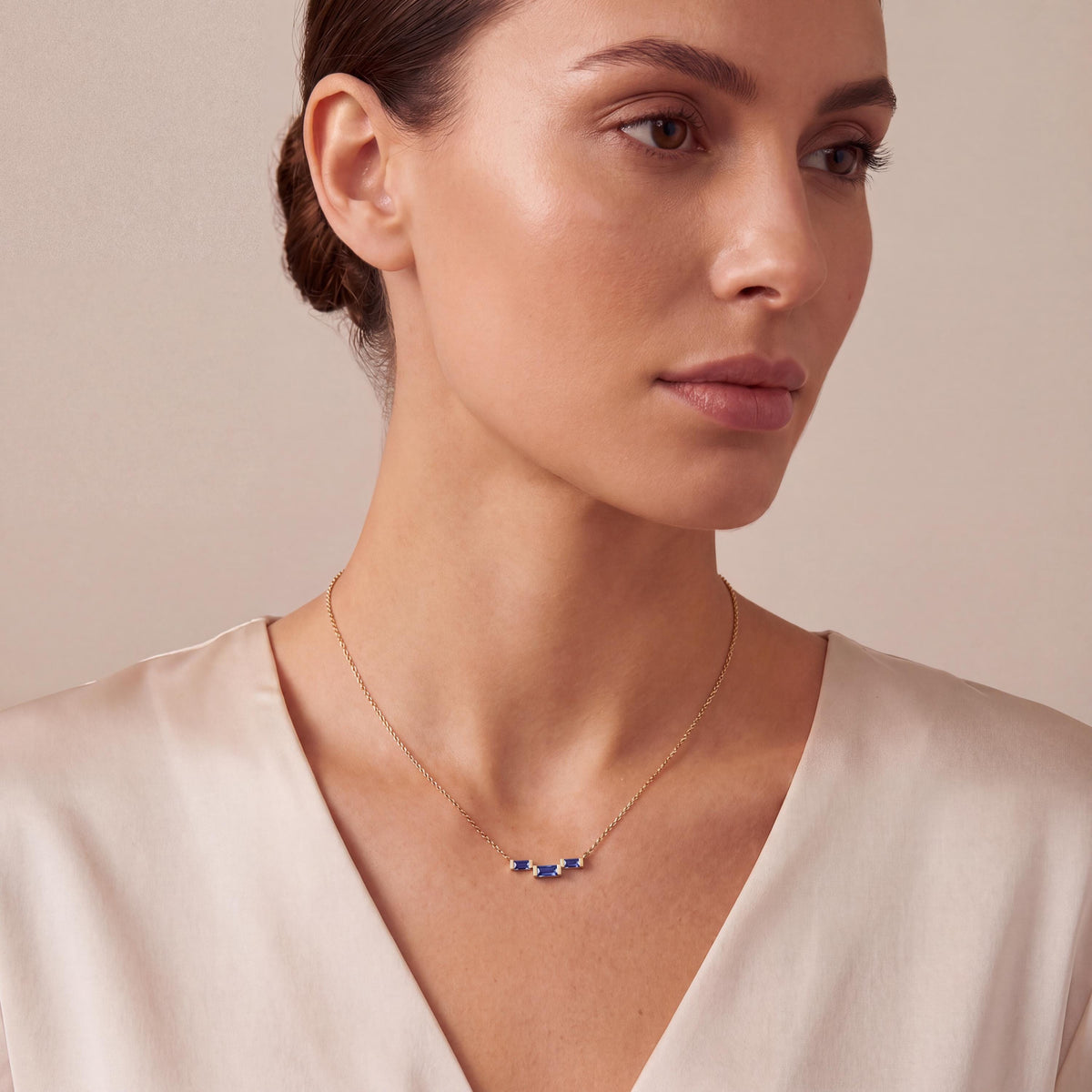 3 Stone Baguette Sapphire Dainty Bar Set 14K Solid Gold Pendant Necklace