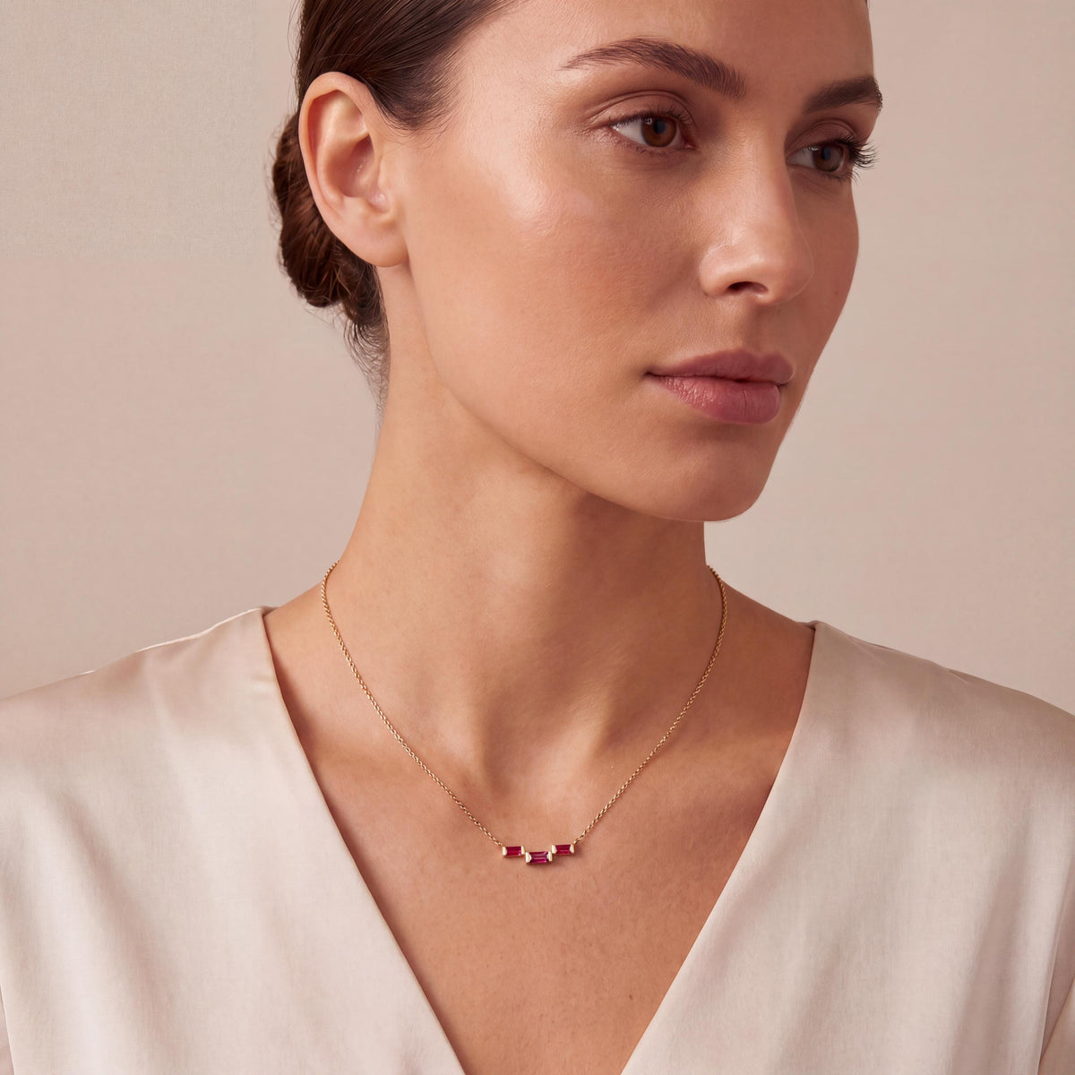3 Stone Baguette Ruby Dainty Bar Set 14K Solid Gold Pendant Necklace