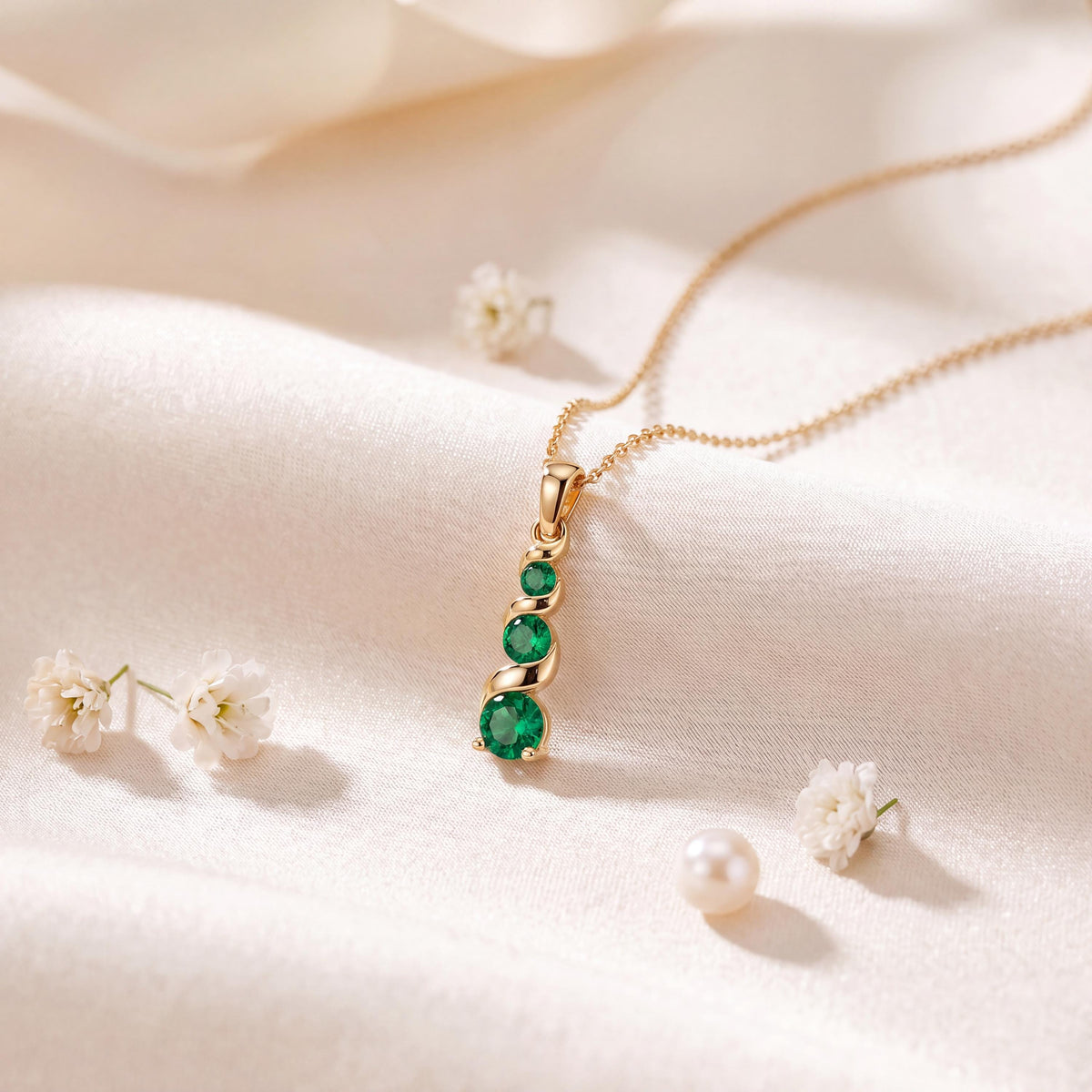 Round Emerald Three Stone Graduated Drop Necklace 14K Solid Gold Pendant